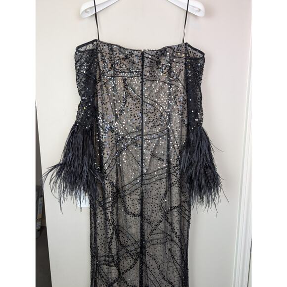 Teri Jon Rickie Freeman Sequin Overlay Formal Dress w/ Feathers Black 4 - Picture 8 of 14